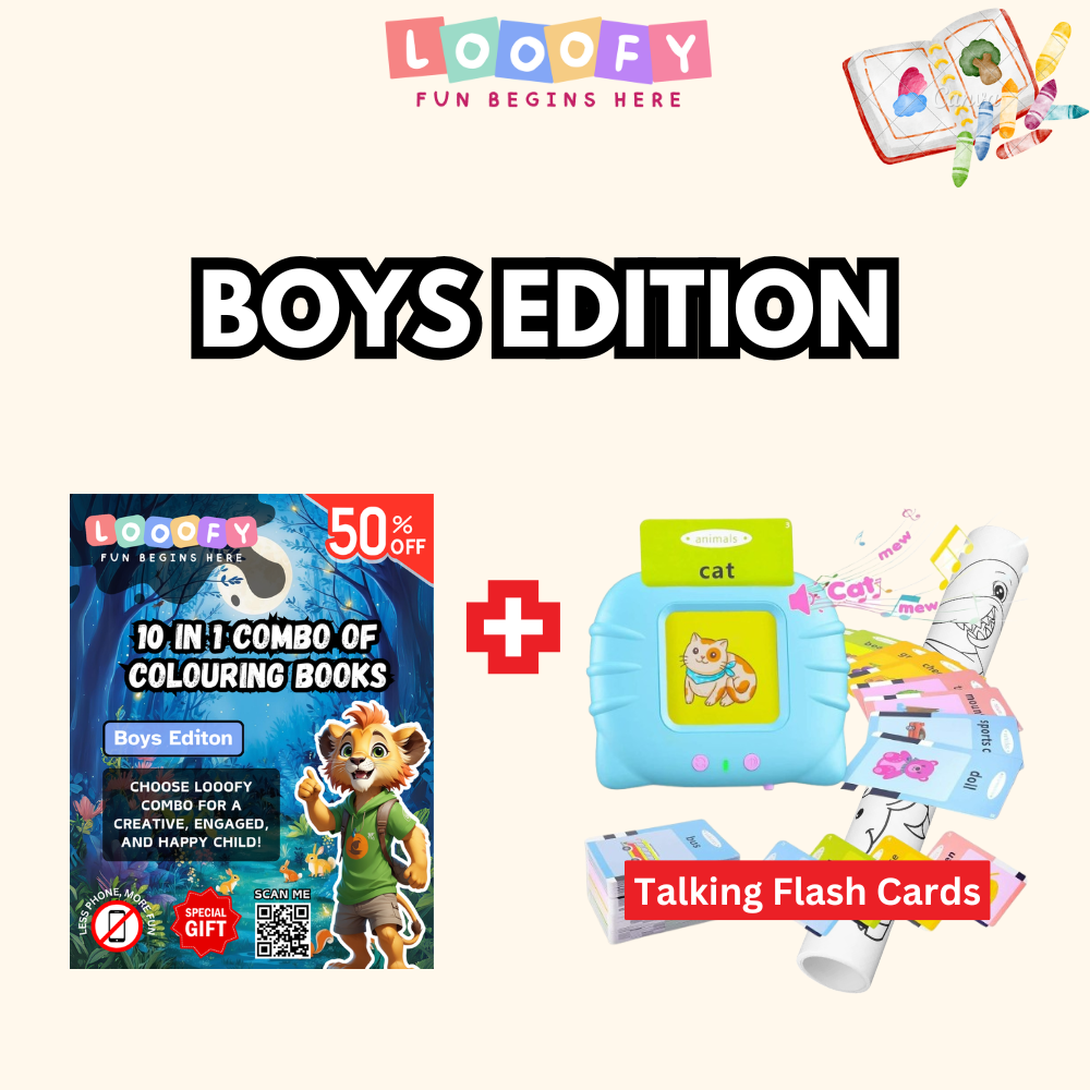 Looofy 10-in-1 Kids Learning Combo | Colouring Books + Talking Flash Cards Set | Fun & Educational Activity Kit for Kids