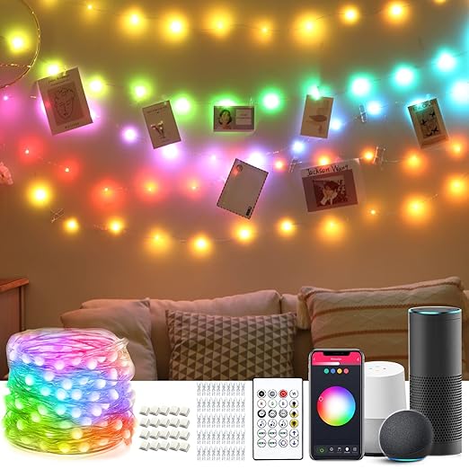 33ft Smart RGB Fairy Lights with Alexa & Google Assistant | Music Sync Christmas Tree, Bedroom & Wall Decoration Lights