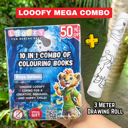 Looofy 10-in-1 Combo + Drawing Paper Roll | Colouring Fun for Kids | Set of Colouring Books + 3m Drawing Roll