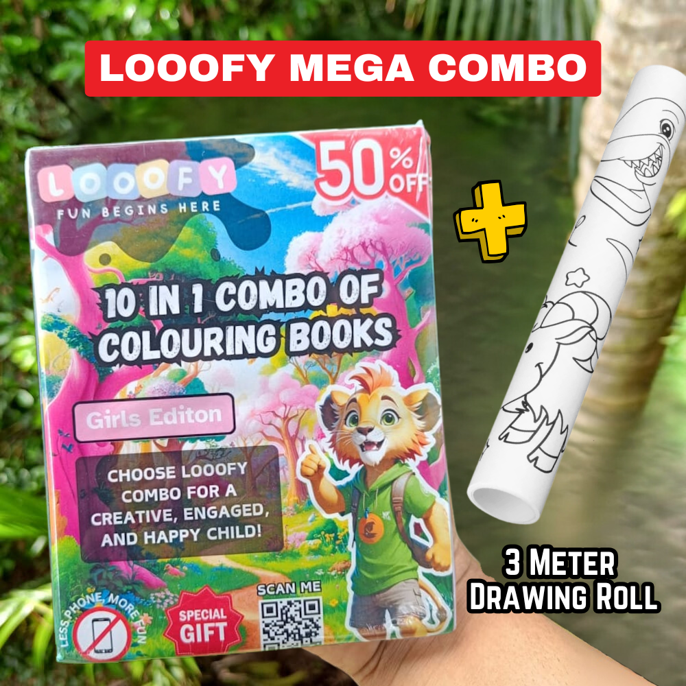 Looofy 10-in-1 Combo + Drawing Paper Roll | Colouring Fun for Kids | Set of Colouring Books + 3m Drawing Roll