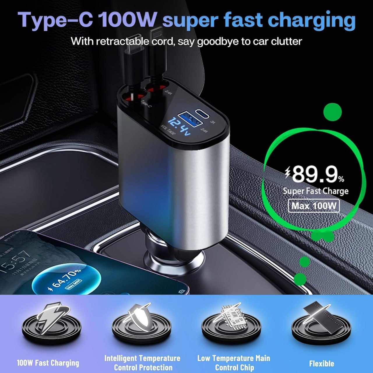 4-in-1 Retractable Car Charger | 120W Super Fast Car Adapter with Dual USB Ports