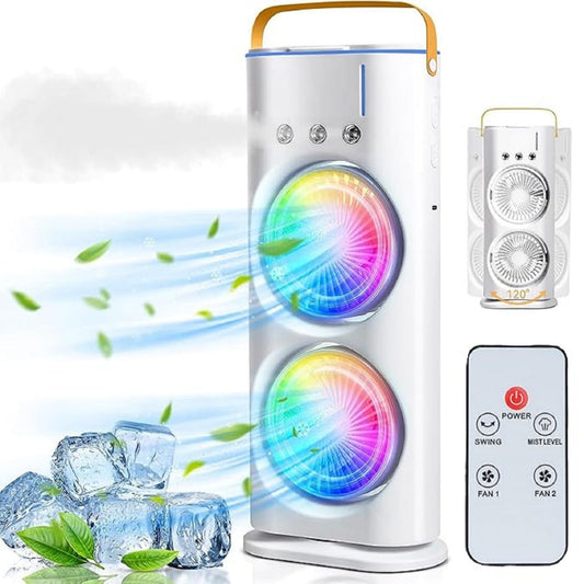 Double End Air Cooler Fan | Dual Mist Cooling Fan | Dynamic Mini Air Cooler with LED Light | Portable Air Conditioner Fan | 3 Wind Speeds & 3 Spray Modes | Remote-Controlled Evaporative Mist Fan