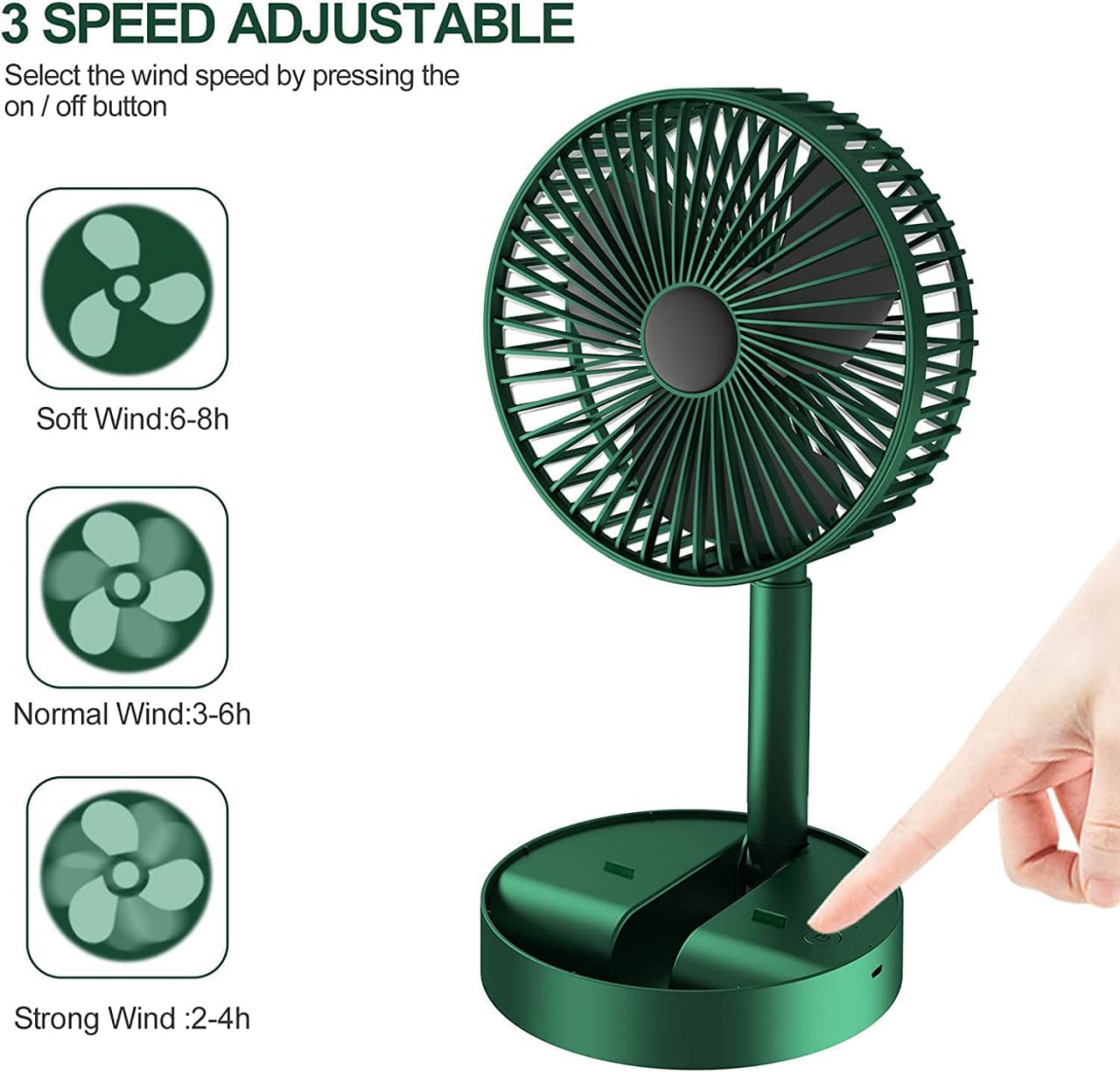 Rechargeable Telescopic Foldable Fan | Adjustable USB Charging Table Fan | Dynamic 3-Speed Portable Folding Fan | Telescopic Extendable Fan with 3 Wind Modes | Compact Desk & Floor Fan for Home & Office